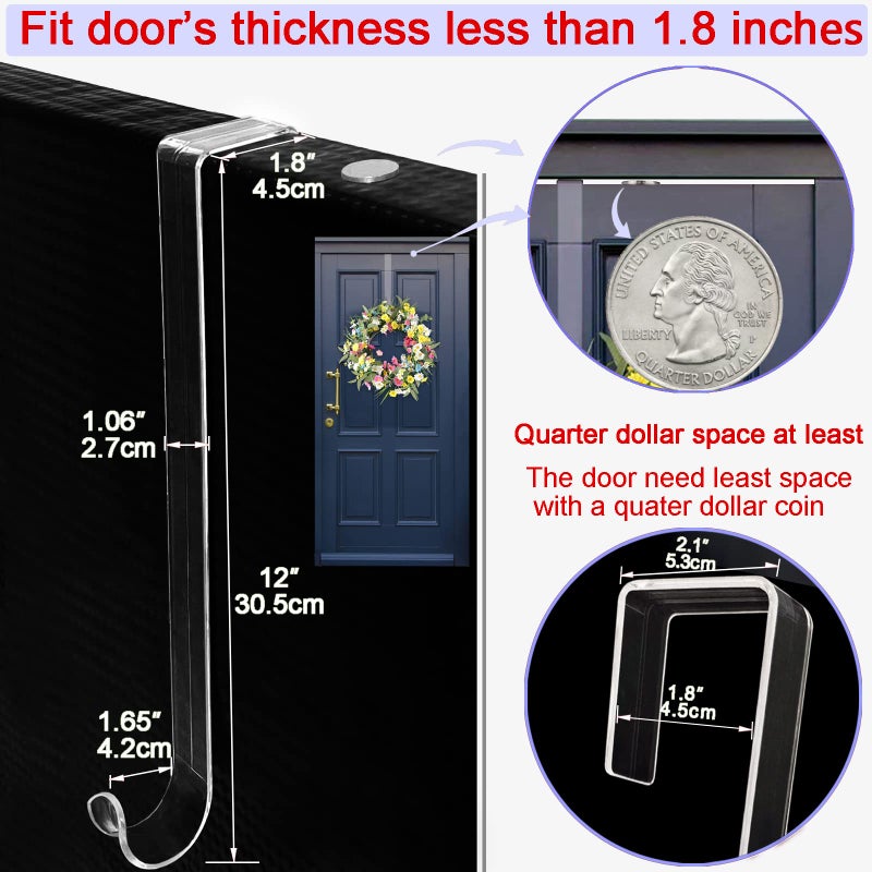Biorshar Wreath Hanger,12” Clear Wreath Hooks for Front Door,2 Pack Over the Door Easter Christmas Decoration Hangers Fall Halloween Wreaths holder,Non Scratch Wreath Hangers for Front Door Décor Welcome Sign - Image 4