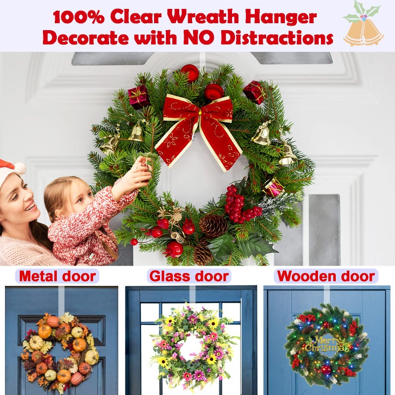 Biorshar Wreath Hanger,12” Clear Wreath Hooks for Front Door,2 Pack Over the Door Easter Christmas Decoration Hangers Fall Halloween Wreaths holder,Non Scratch Wreath Hangers for Front Door Décor Welcome Sign - Image 5