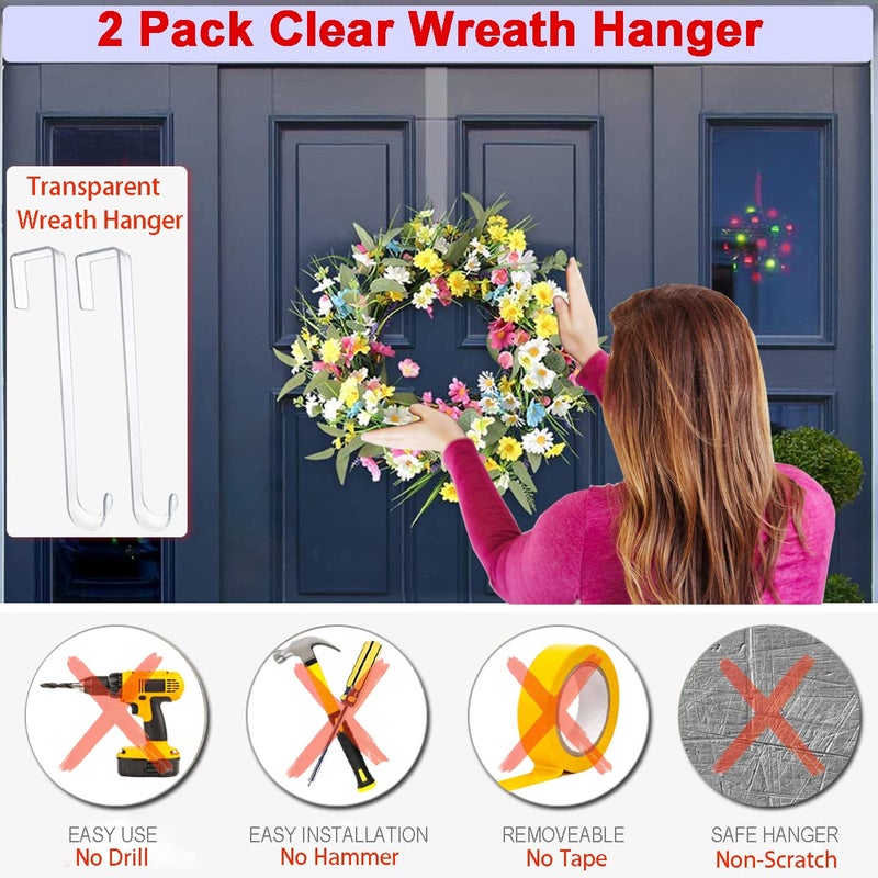 Biorshar Wreath Hanger,12” Clear Wreath Hooks for Front Door,2 Pack Over the Door Easter Christmas Decoration Hangers Fall Halloween Wreaths holder,Non Scratch Wreath Hangers for Front Door Décor Welcome Sign - Image 3