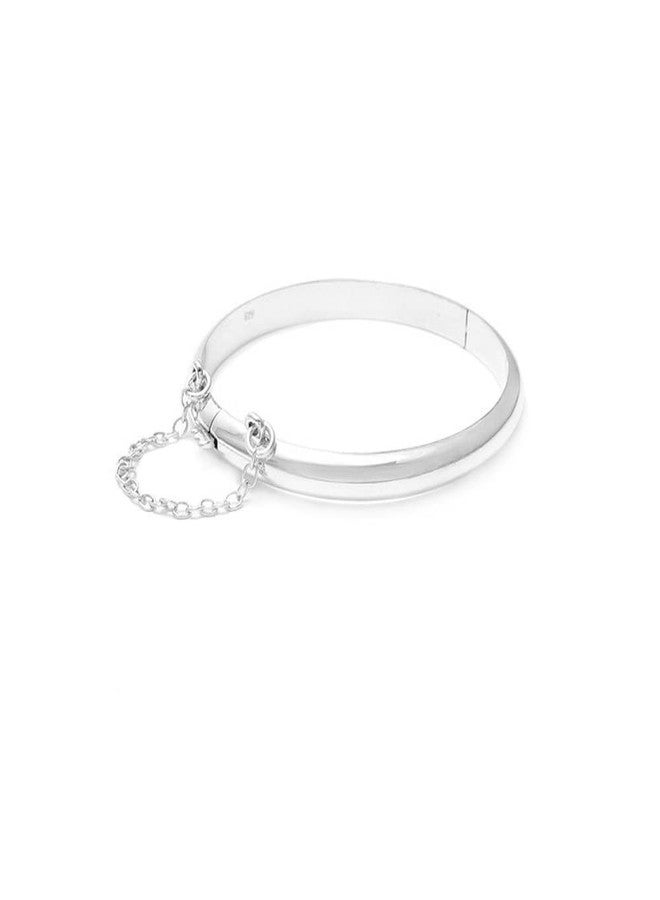 Savlano 14K Gold Plated Over 925 Sterling Silver Solid Plain Dome Bangle Bracelet 7 inch with Safety Chain for Women Comes With Gift Box- Made in Italy (White) - Image 1