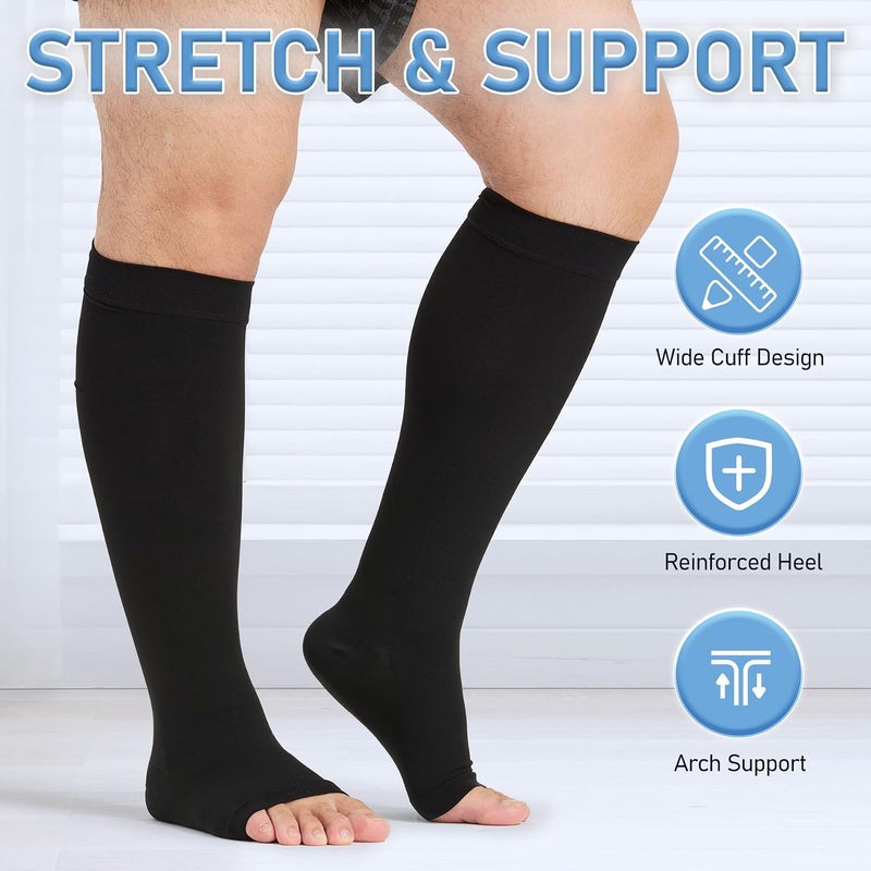 KEKING Extra Wide Calf Compression Socks for Men & Women, 20-30 mmHg Medical Compression Stockings Open Toe - Plus Size - Image 3