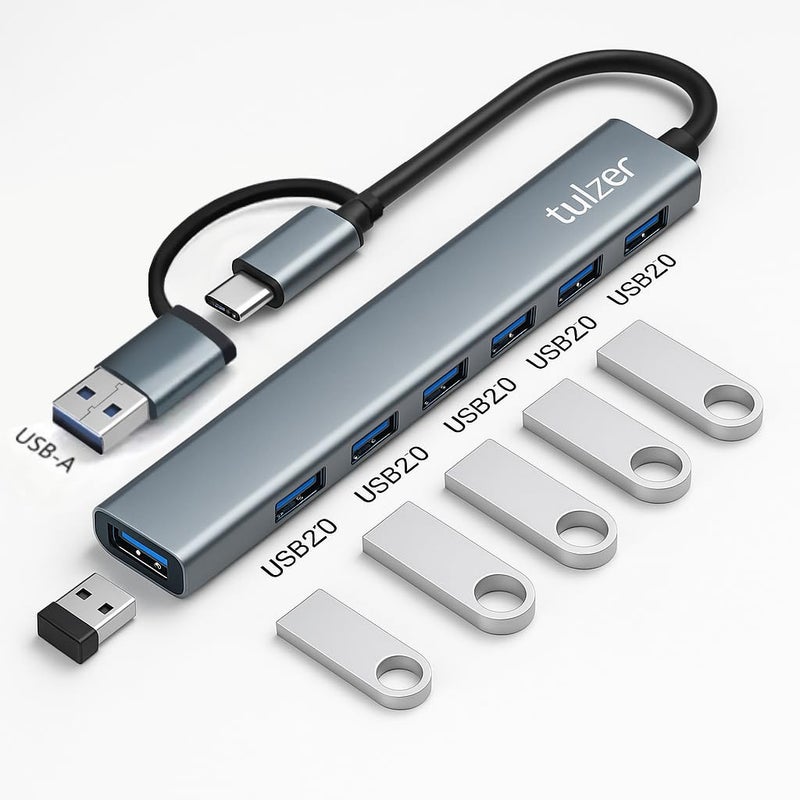 tuKZer 7 USB Multiport Adapter with Dual Convertible USB & Type C Heads 7-in-1 USB Hub, 1 x USB 3.0 & 6 x USB 2.0 Ports, 5 Gbps Data Transfer Speed for Laptop, PC, MacBook, Hard Drive,Pendrive(Grey) - Image 5