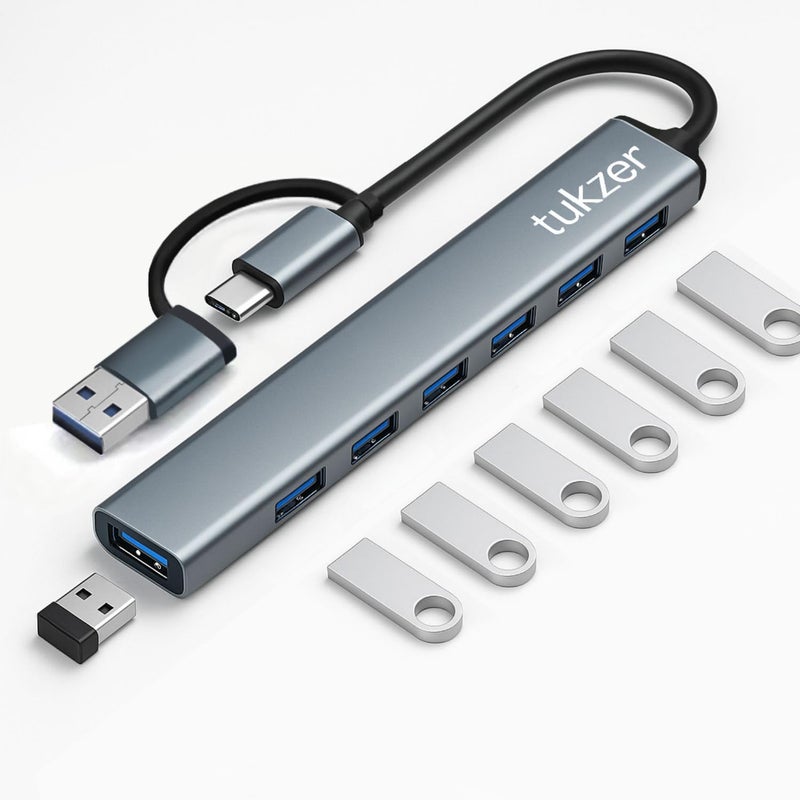 tuKZer 7 USB Multiport Adapter with Dual Convertible USB & Type C Heads 7-in-1 USB Hub, 1 x USB 3.0 & 6 x USB 2.0 Ports, 5 Gbps Data Transfer Speed for Laptop, PC, MacBook, Hard Drive,Pendrive(Grey) - Image 1