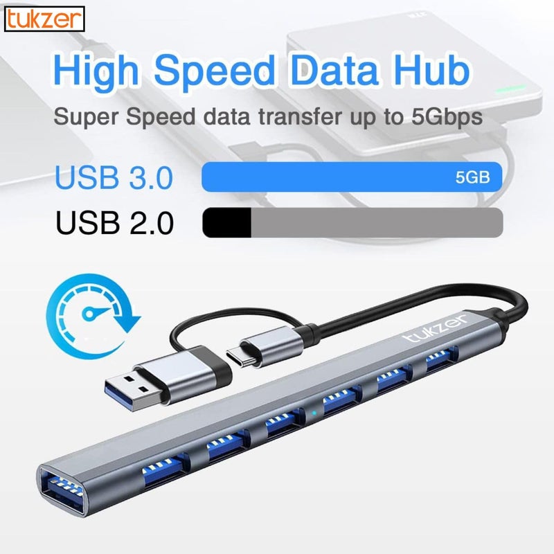 tuKZer 7 USB Multiport Adapter with Dual Convertible USB & Type C Heads 7-in-1 USB Hub, 1 x USB 3.0 & 6 x USB 2.0 Ports, 5 Gbps Data Transfer Speed for Laptop, PC, MacBook, Hard Drive,Pendrive(Grey) - Image 3