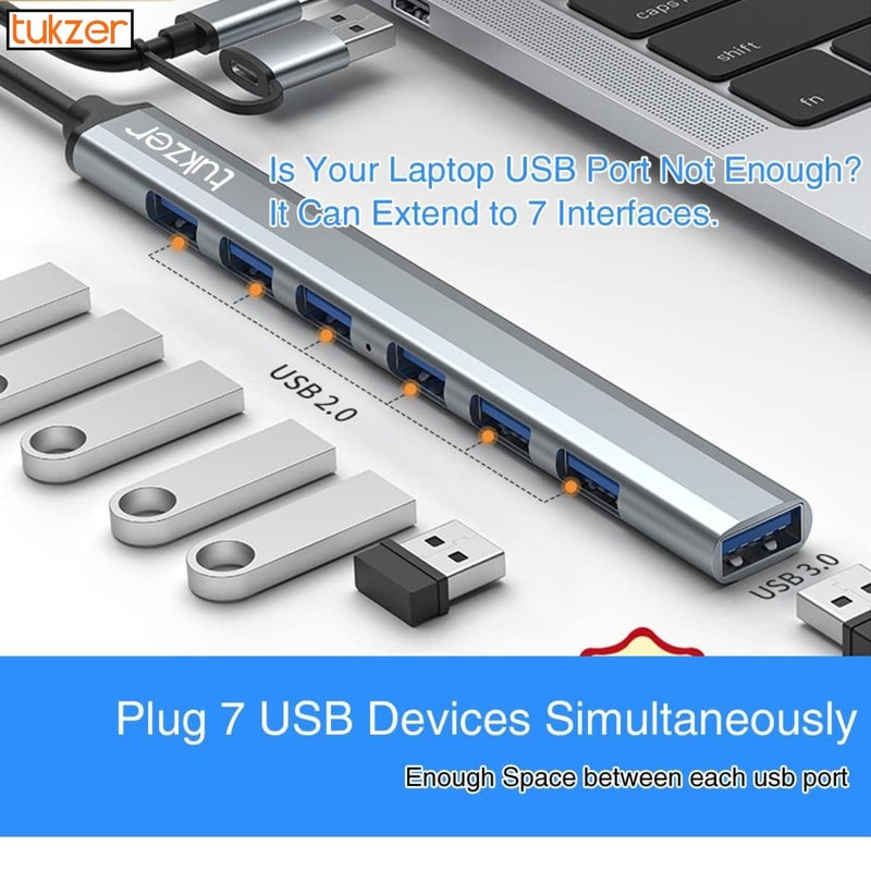 tuKZer 7 USB Multiport Adapter with Dual Convertible USB & Type C Heads 7-in-1 USB Hub, 1 x USB 3.0 & 6 x USB 2.0 Ports, 5 Gbps Data Transfer Speed for Laptop, PC, MacBook, Hard Drive,Pendrive(Grey) - Image 4