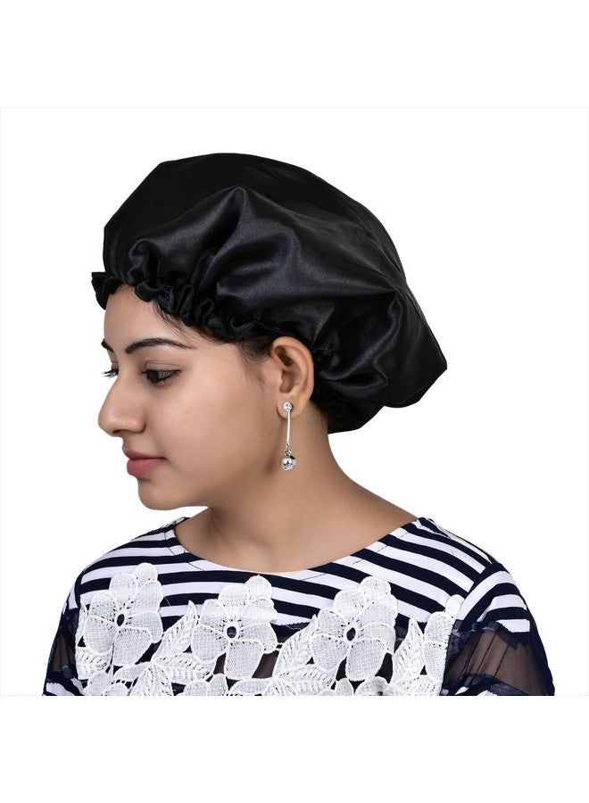 NNR Satin Silk Premium Hair Bonnet Double Layered Elastic Sleeping Cap for Women and Girls - Pack of 1 - Black - Image 3