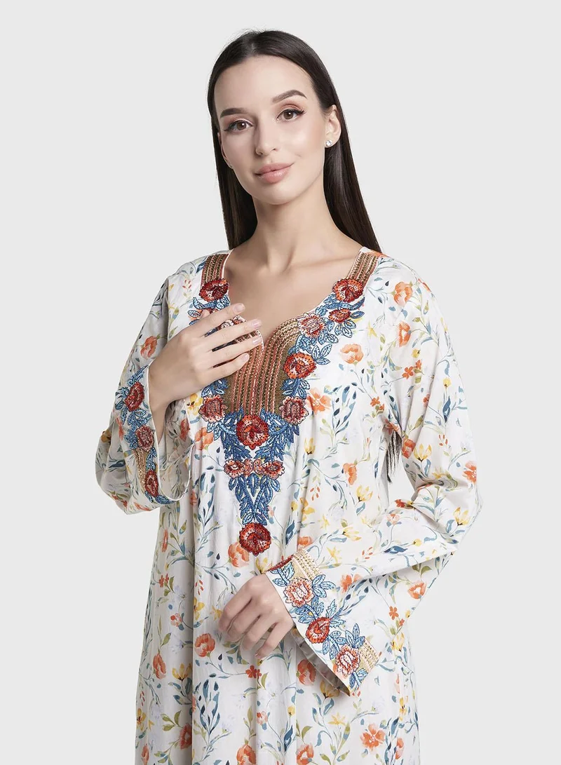 كشخة Off White Floral Print Cotton Mukhawar Jalabiya (VW453)