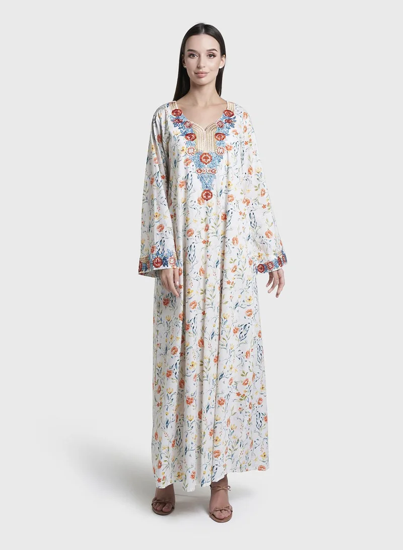 كشخة Off White Floral Print Cotton Mukhawar Jalabiya (VW453)