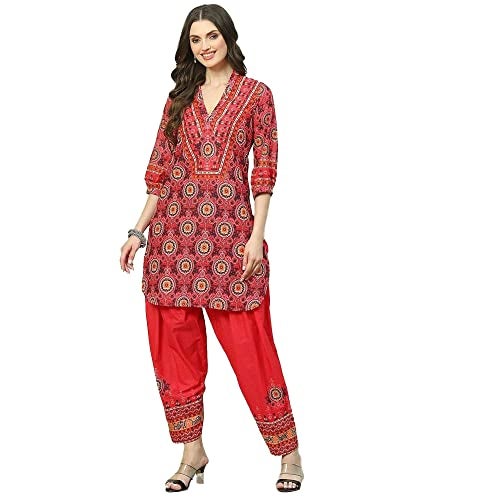 BIBA Cotton Women Printed Relaxed Salwar Kurta Dupatta(SKDSUZANI8186_RED_34) - Image 1