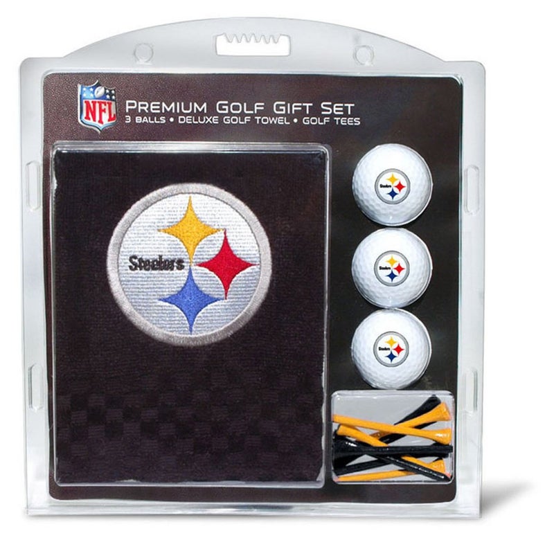 Team Golf NFL Pittsburgh Steelers Gift Set Embroidered Golf Towel 3 Golf Balls and 14 Golf Tees 234 Regulation TriFold Towel 16 x 22 100 Cotton