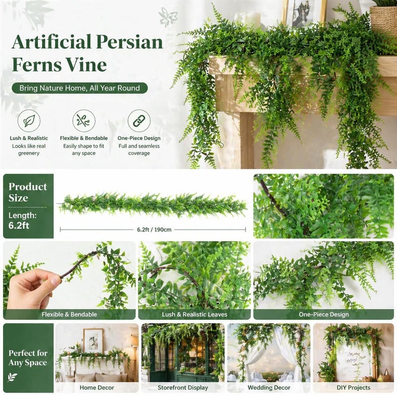 Fycooler Faux Boston Ferns Plant Artificial Vines Hanging Leaves Greenery Garland Artificial Plants 6.2 Feet in Length for Wedding Backdrop Arch Wall Decoration Garden Home Decor - Image 2
