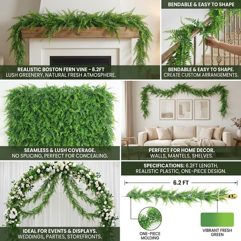 Fycooler Faux Boston Ferns Plant Artificial Vines Hanging Leaves Greenery Garland Artificial Plants 6.2 Feet in Length for Wedding Backdrop Arch Wall Decoration Garden Home Decor - Image 5