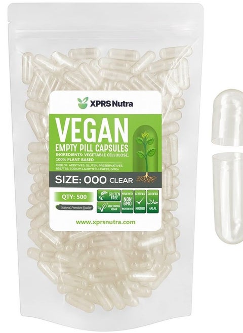 Size 000 Empty Capsules - 500 Count Clear Empty Vegan Capsules - Vegetarian Empty Pill Capsules - DIY Vegetable Capsule Filling - Veggie Pill Capsules Empty Caps Pills