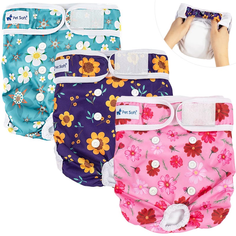 Pet Soft Washable Female Diapers (3 Pack) Female Dog Diapers, Comfort Reusable Doggy Diaper for Girl Dog in Period Heat (Cute Flower, XL) - Image 1