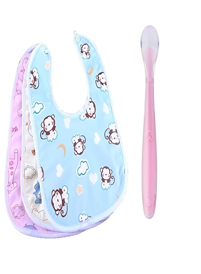 KIDS BASIC Baby Feeding Bibs (Pack of 3) & Silicone Spoon |Waterproof Bib | Baby Apron | BPA Free Self Feeding Spoon - Image 1