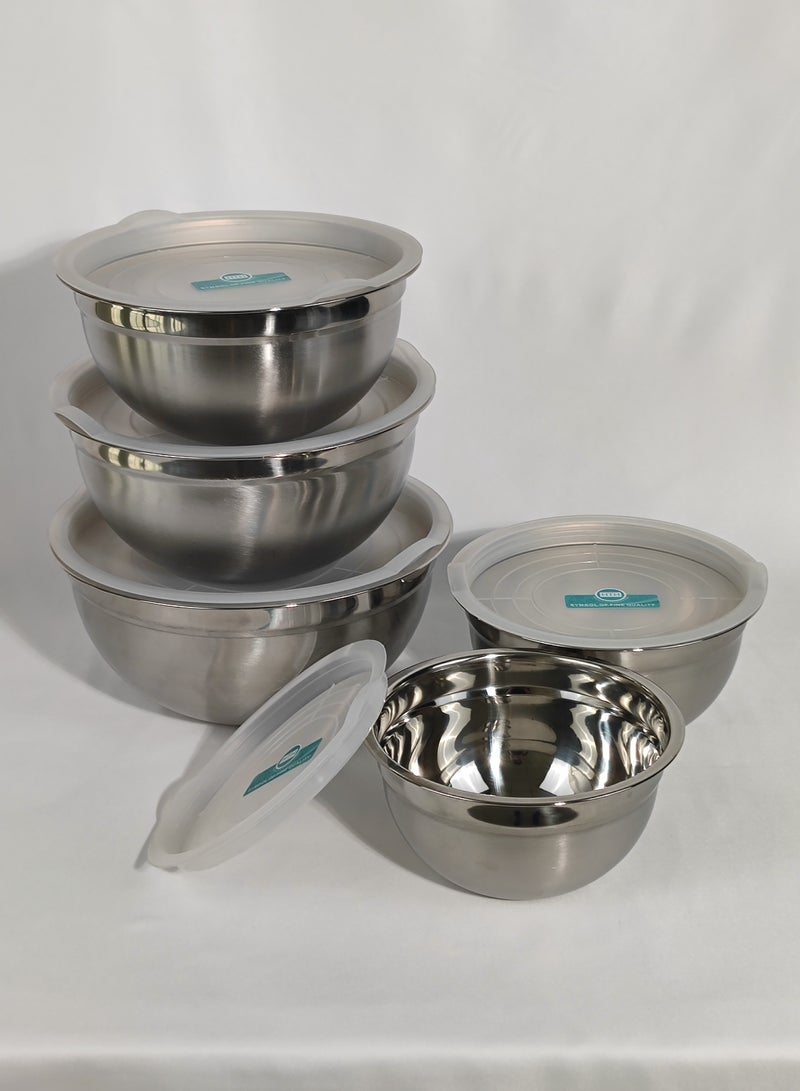 Set of 5 Glossy Stainless Steel Salad Bowl with Transparent Airtight Lids Food Storage Bowls Nesting Round Mixing Bowls for Cooking Baking Prepping