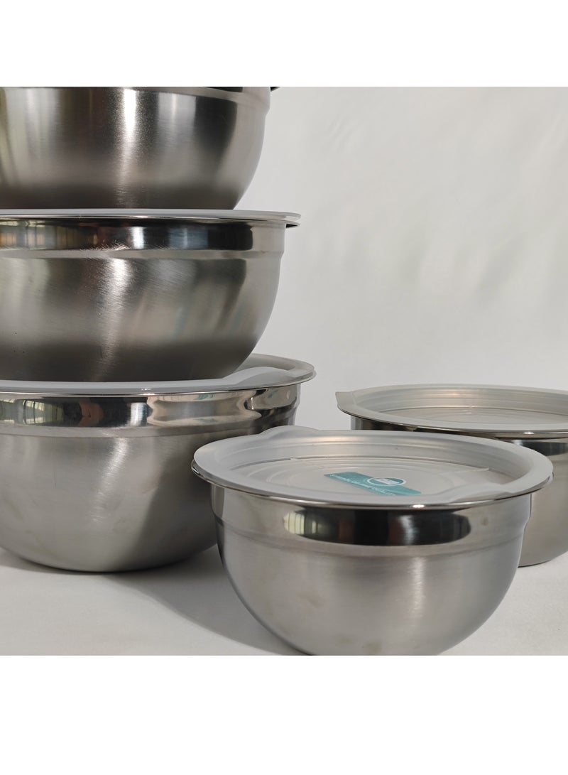 Set of 5 Glossy Stainless Steel Salad Bowl with Transparent Airtight Lids Food Storage Bowls Nesting Round Mixing Bowls for Cooking Baking Prepping