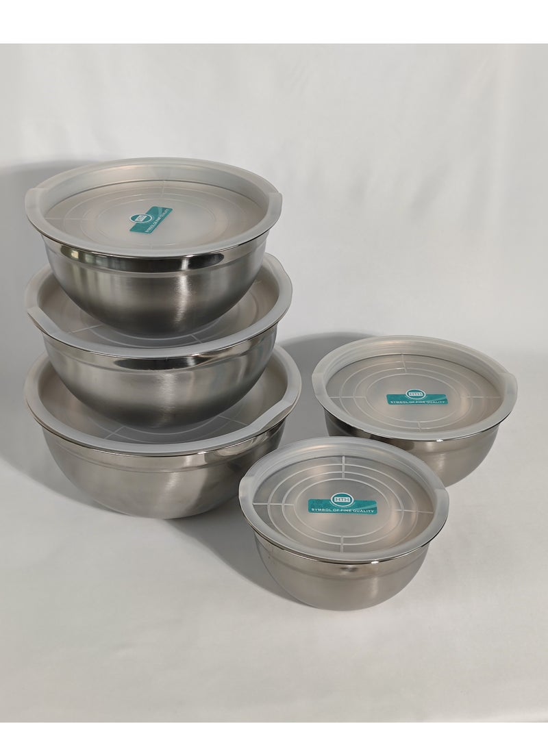 Set of 5 Glossy Stainless Steel Salad Bowl with Transparent Airtight Lids Food Storage Bowls Nesting Round Mixing Bowls for Cooking Baking Prepping