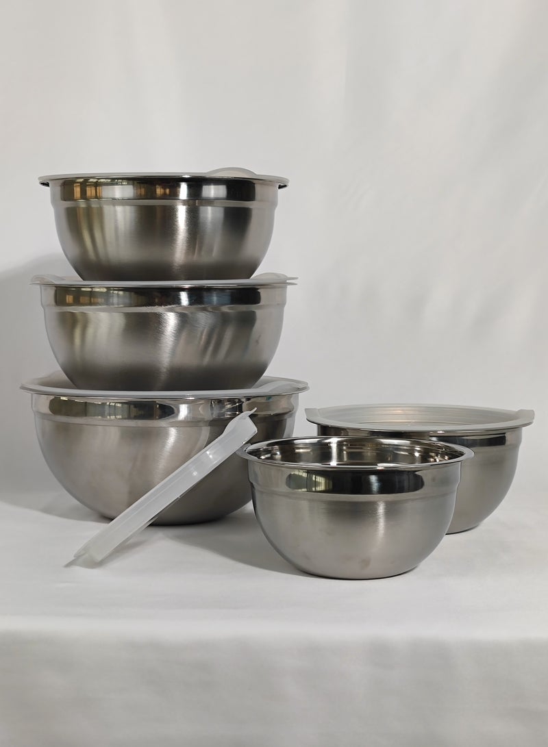 Set of 5 Glossy Stainless Steel Salad Bowl with Transparent Airtight Lids Food Storage Bowls Nesting Round Mixing Bowls for Cooking Baking Prepping
