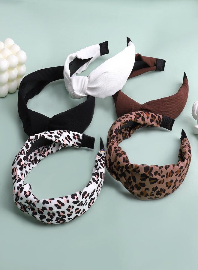 Candygirl Knotted Headbands for Women Girls Wide Top Knot Hairband for Girls Black Brown Leopard Head Hair Accessories for Women 5Pack - Image 5