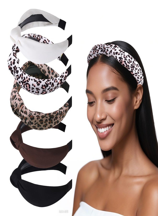 Candygirl Knotted Headbands for Women Girls Wide Top Knot Hairband for Girls Black Brown Leopard Head Hair Accessories for Women 5Pack - Image 1
