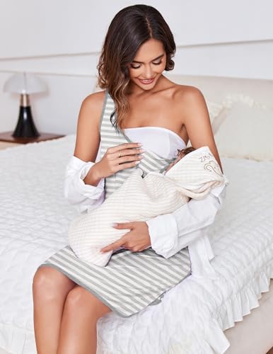 Ekouaer Labor and Delivery Gown for Hospital 3 in 1 Nursing Dress Sleeveless Maternity Snap Button Breastfeeding Nightgown Grey Striped M - Image 3