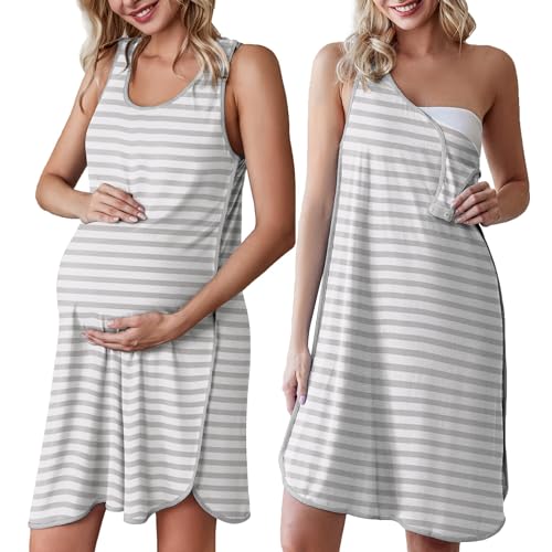 Ekouaer Labor and Delivery Gown for Hospital 3 in 1 Nursing Dress Sleeveless Maternity Snap Button Breastfeeding Nightgown Grey Striped M - Image 1