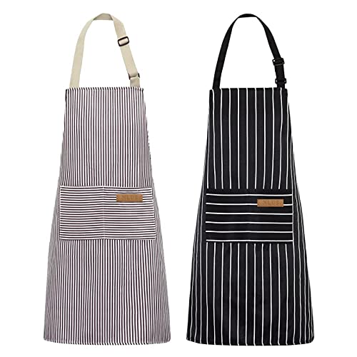 NLUS 2 Pack Kitchen Cooking Aprons, Adjustable Bib Soft Chef Apron with 2 Pockets for Men Women(Black/Brown Stripes) - Image 1