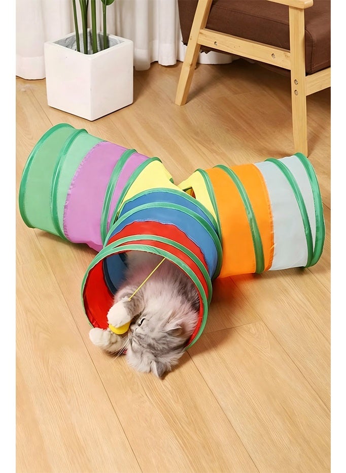 Y-shaped three-pronged rainbow cat tunnel, three channels, multiple entrances and exits, foldable cat passage with funny cat ball, multi-cat interactive hiding pet toy - Image 3
