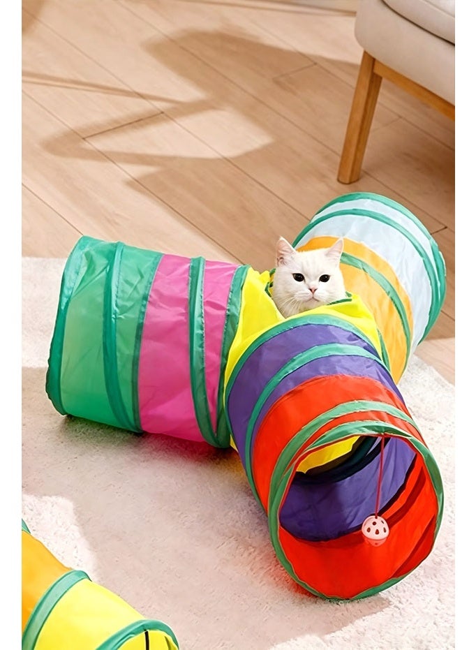 Y-shaped three-pronged rainbow cat tunnel, three channels, multiple entrances and exits, foldable cat passage with funny cat ball, multi-cat interactive hiding pet toy - Image 2