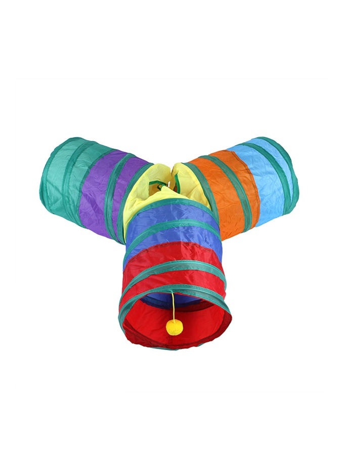 Y-shaped three-pronged rainbow cat tunnel, three channels, multiple entrances and exits, foldable cat passage with funny cat ball, multi-cat interactive hiding pet toy - Image 1