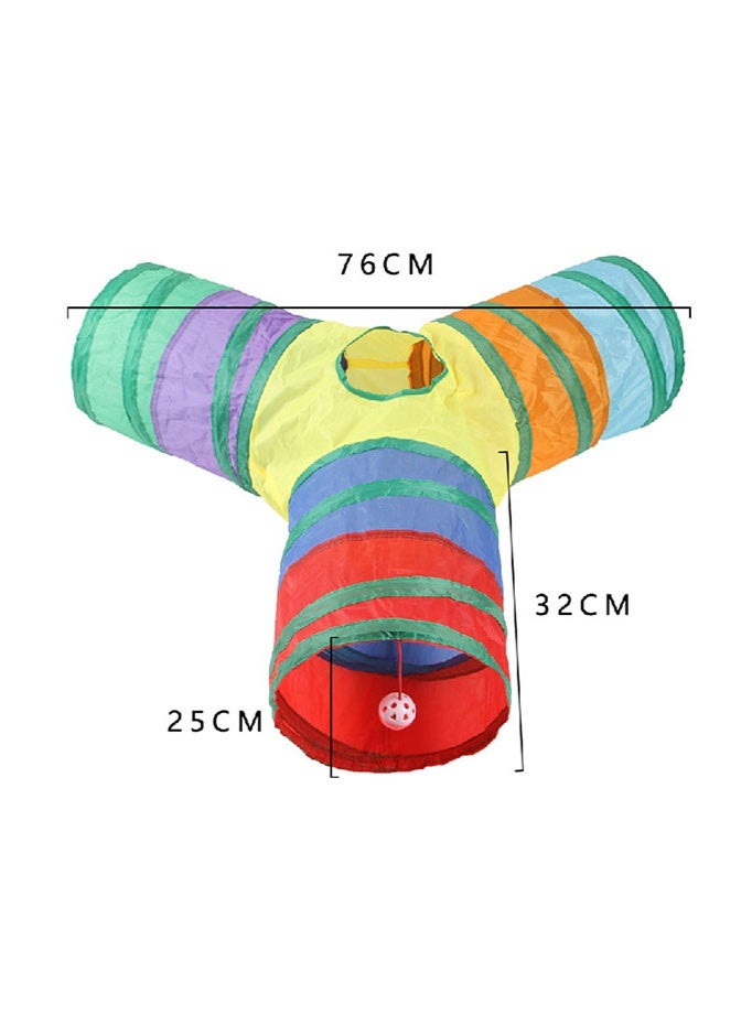 Y-shaped three-pronged rainbow cat tunnel, three channels, multiple entrances and exits, foldable cat passage with funny cat ball, multi-cat interactive hiding pet toy - Image 5