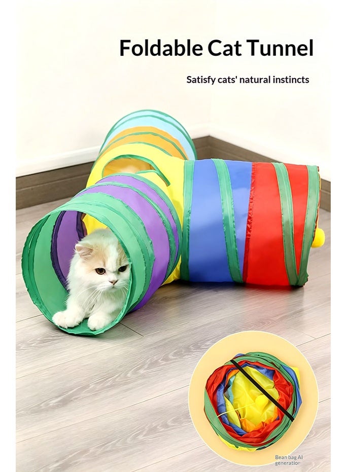 Y-shaped three-pronged rainbow cat tunnel, three channels, multiple entrances and exits, foldable cat passage with funny cat ball, multi-cat interactive hiding pet toy - Image 4