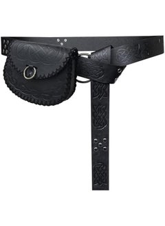 Medieval Embossed O Ring Belt with Viking Embossed Belt Bag, Vintage Faux Leather Belt and Belt Pouch Set for LARP (Black B)