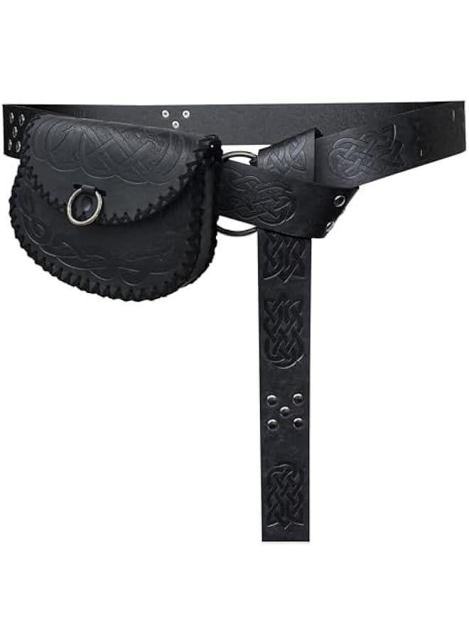 Generic - Medieval Embossed O Ring Belt with Viking Embossed Belt Bag, Vintage Faux Leather Belt and Belt Pouch Set for LARP (Black B) - Image 1
