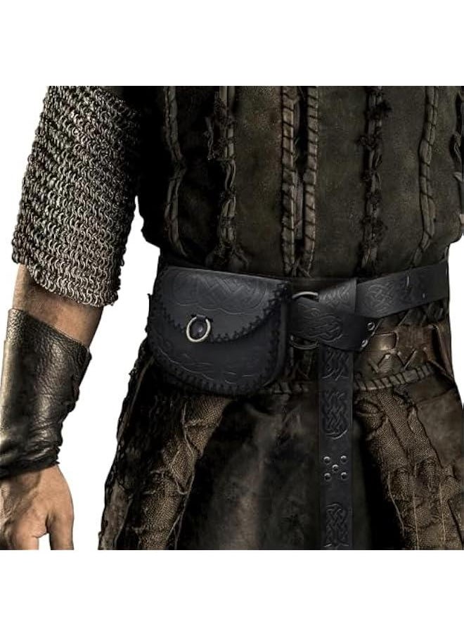 Generic - Medieval Embossed O Ring Belt with Viking Embossed Belt Bag, Vintage Faux Leather Belt and Belt Pouch Set for LARP (Black B) - Image 1