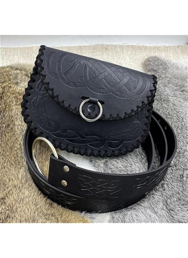 Generic - Medieval Embossed O Ring Belt with Viking Embossed Belt Bag, Vintage Faux Leather Belt and Belt Pouch Set for LARP (Black B) - Image 1