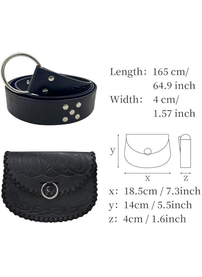 Generic - Medieval Embossed O Ring Belt with Viking Embossed Belt Bag, Vintage Faux Leather Belt and Belt Pouch Set for LARP (Black B) - Image 1