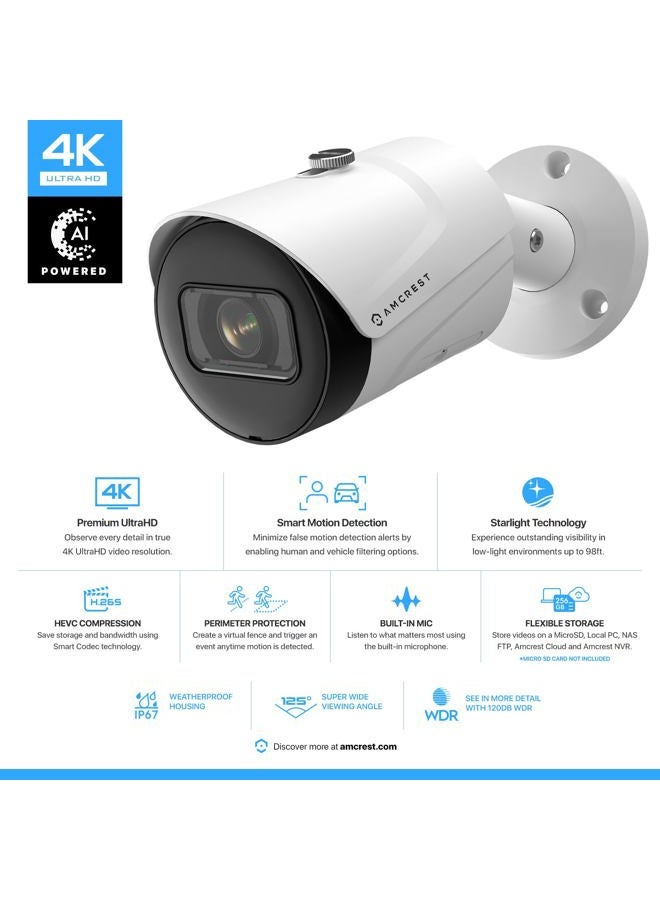 AMCREST UltraHD 4K (8MP) Outdoor Bullet POE IP Camera, 3840x2160, 98ft NightVision, 2.8mm Lens, IP67 Weatherproof, MicroSD Recording, White (IP8M-2496EW-V2) - Image 2
