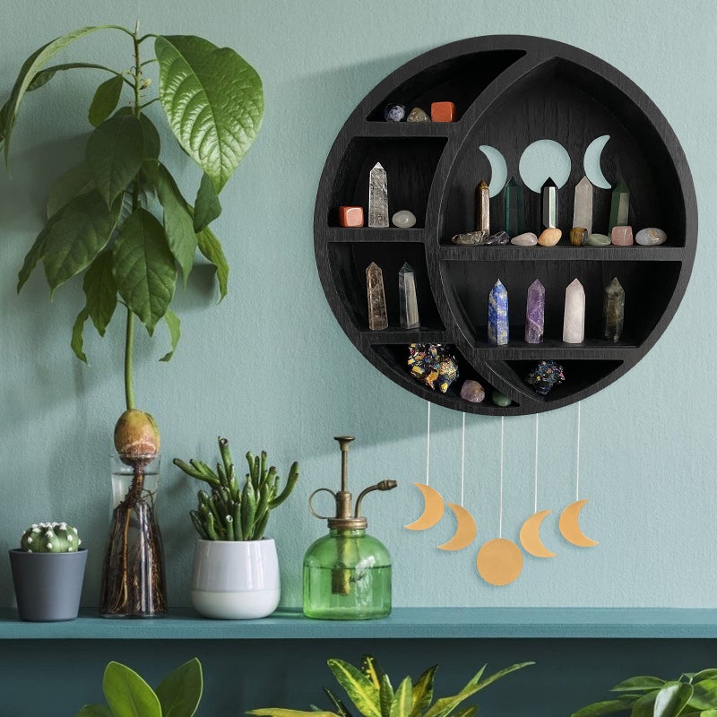 Ella & Emma Wooden Moon Shelf for Crystals - Crescent Moon Crystal Shelf, Storage & Wall Hanging Shelves for Bedroom Aesthetic, Moon Phase Wall Decor & Crystal Display Shelf, Pinewood, Black - Image 2