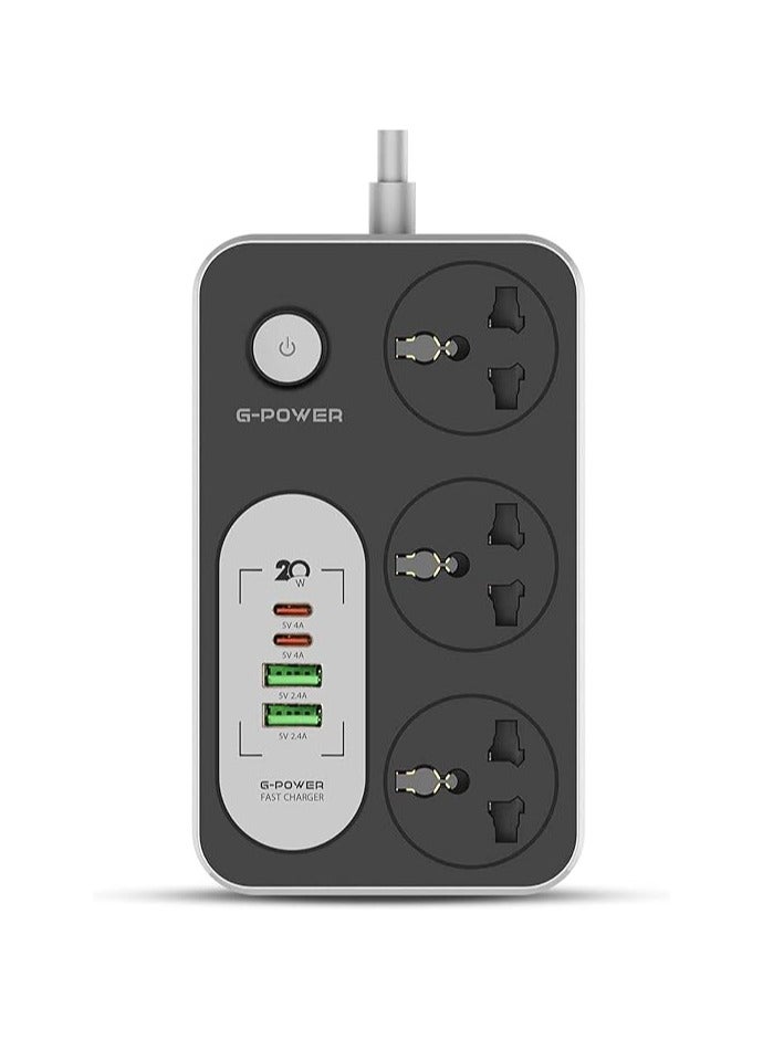 GP342 Power Strip Surge Protector Containing 220 Volt With Three Universal International Socket provides Two Type C Charging Ports 20 Watt - Black Grey  - Image 1