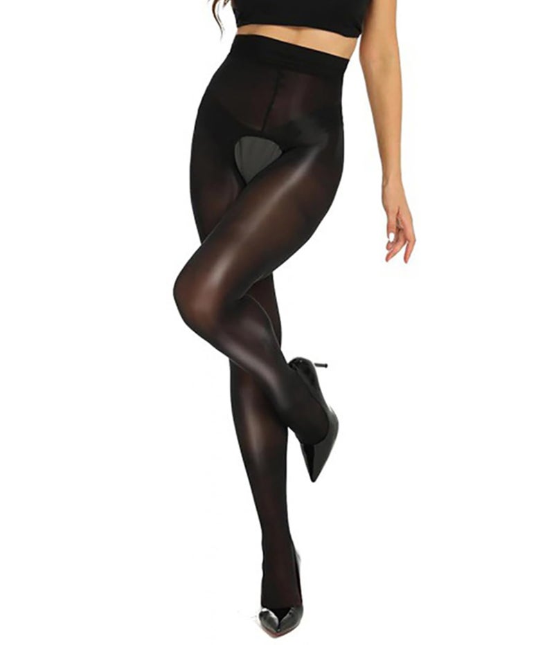 MESU Oil Shiny Tights Silk Stockings Shaping Socks High Waist Crotch Open Pantyhose Black S - Image 1