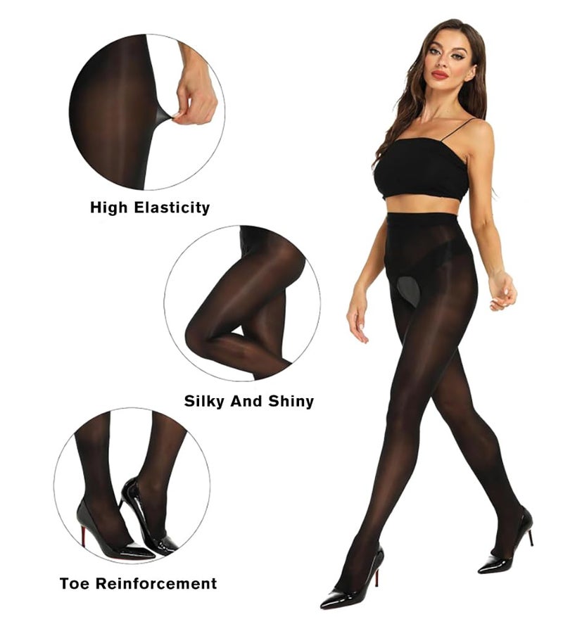MESU Oil Shiny Tights Silk Stockings Shaping Socks High Waist Crotch Open Pantyhose Black S - Image 3