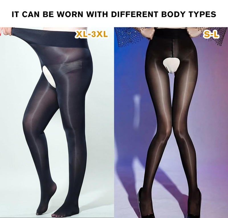 MESU Oil Shiny Tights Silk Stockings Shaping Socks High Waist Crotch Open Pantyhose Black S - Image 4