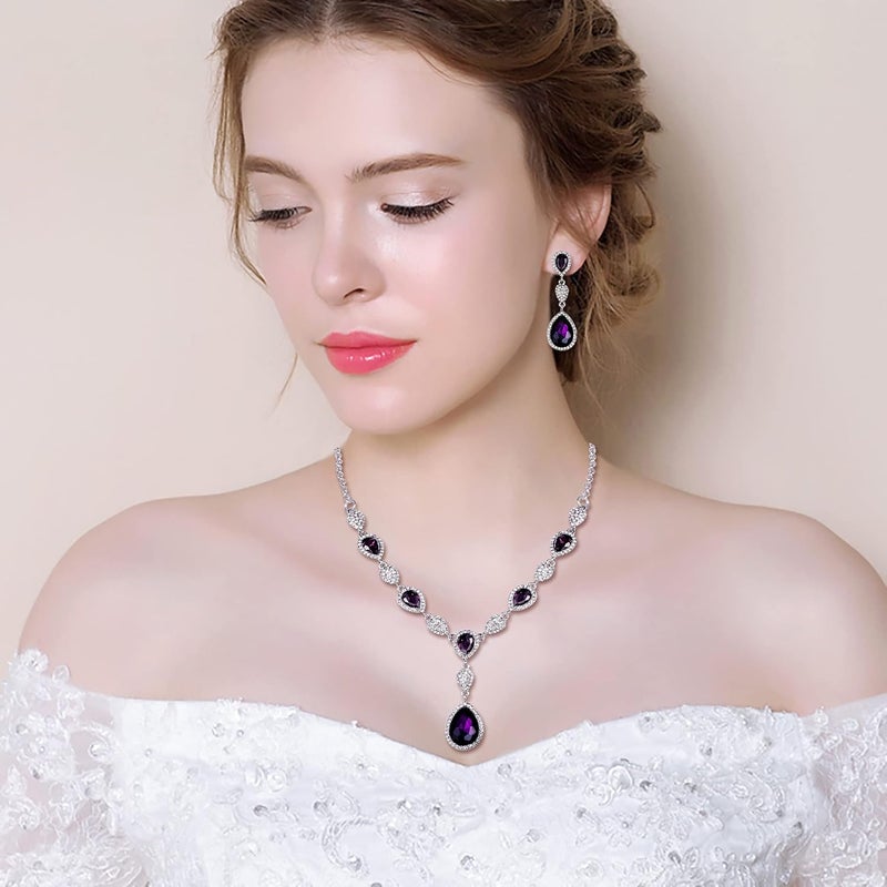 EleQueen Women's Cubic Zirconia Teardrop Y-Necklaces Dangle Earrings Jewelry Sets for Brides Bridesmaids - Image 3