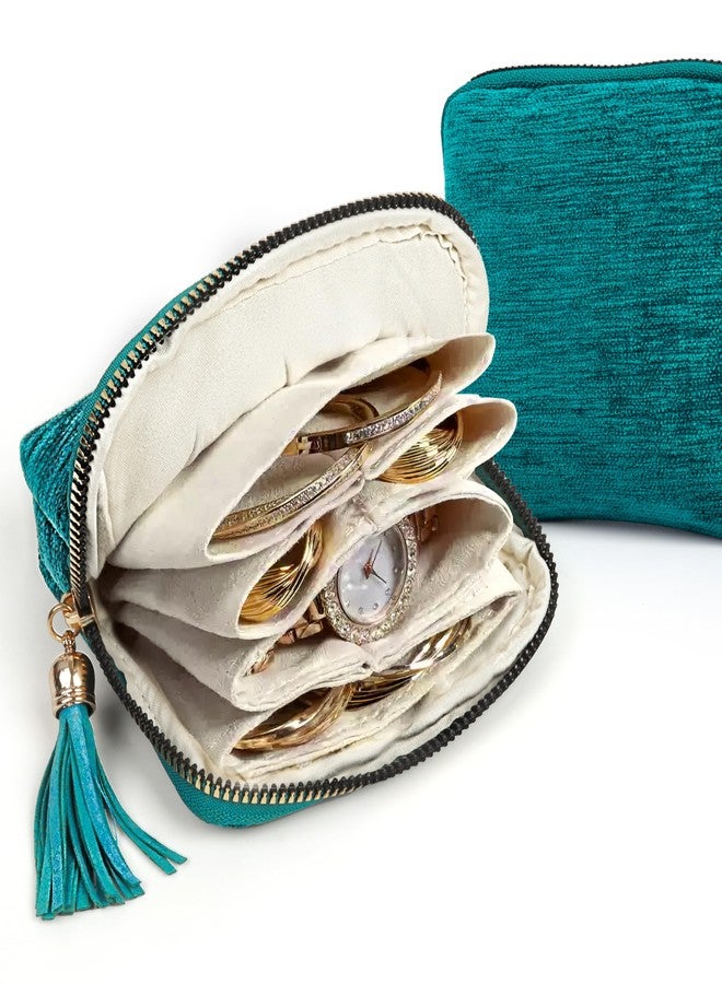 LOTOFUN Jewelry Organizer Case for Travel: 5-Layer Velvet Zipper Pouch Bag for Bangles Link Bracelets Storage Protect from Tangle Scratch (Peacock Blue) - Image 1