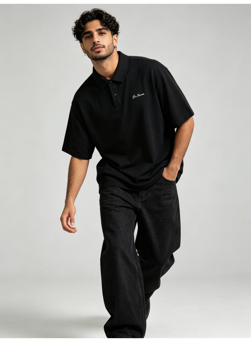 بين شيرمان Ben Sherman Men’s Oversized Black Embroidered Short Sleeve Polo Shirt - Image 4