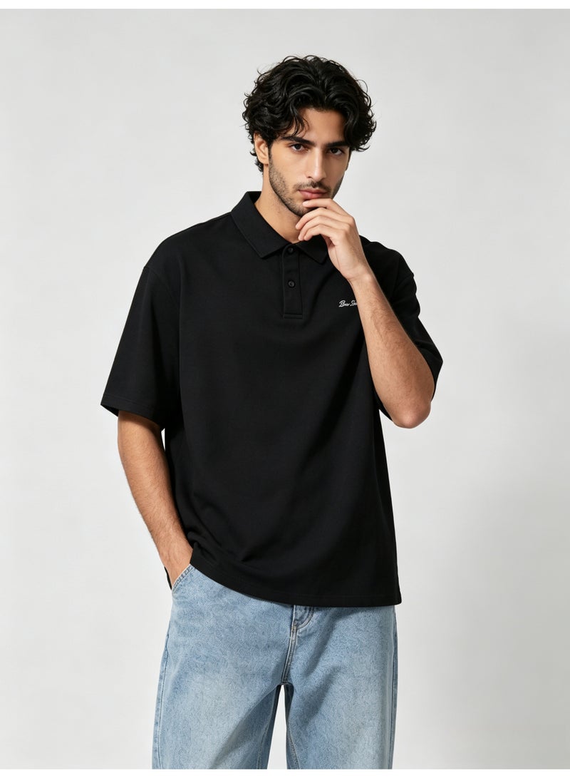 بين شيرمان Ben Sherman Men’s Oversized Black Embroidered Short Sleeve Polo Shirt - Image 1