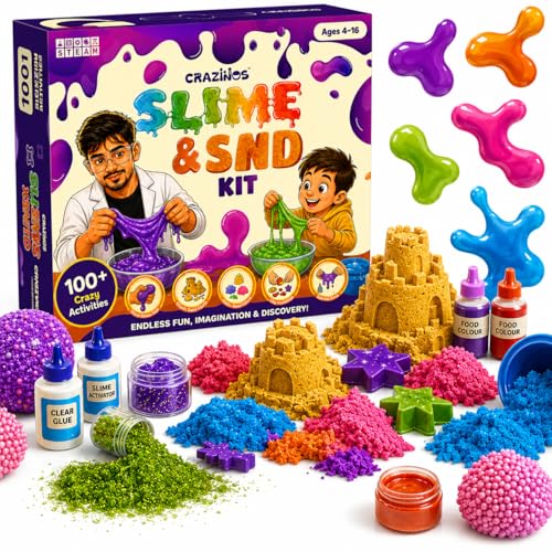 CRAZINOS 3 in 1 Slime, Kinetic Sand & Clay Kit for Educational Gift |100+ STEM & Sensory Activities | Fun Learning Toy for Birthday Gift | Age 4-16 Years - Image 1