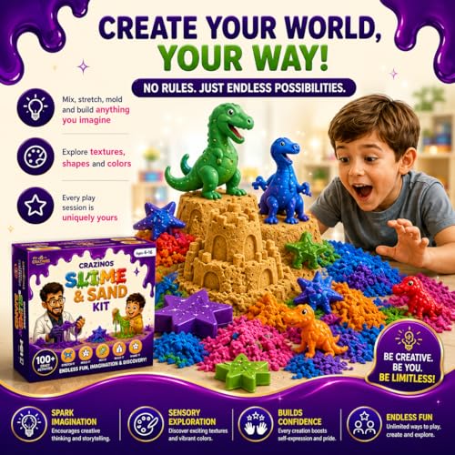 CRAZINOS 3 in 1 Slime, Kinetic Sand & Clay Kit for Educational Gift |100+ STEM & Sensory Activities | Fun Learning Toy for Birthday Gift | Age 4-16 Years - Image 3